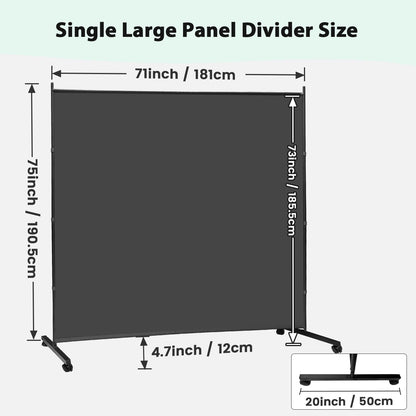 KEORTUN Single Large Room Divider Panel 180W x 190H cm Freestanding Privacy Screen Partition on Wheels for Office, Living Room and Bedroom, Grey