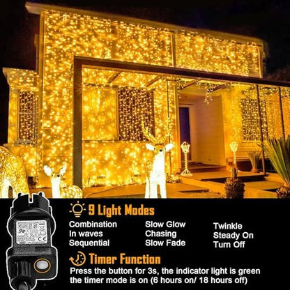 yowin 2 Pack Curtain Lights 600 LED 6m x 3m Gazebo Lights Mains Powered with Timer, 8 Modes Curtain Fairy Light Outdoor Waterproof Wall Hanging Light for Pergola Indoor Bedroom Wedding Decorations