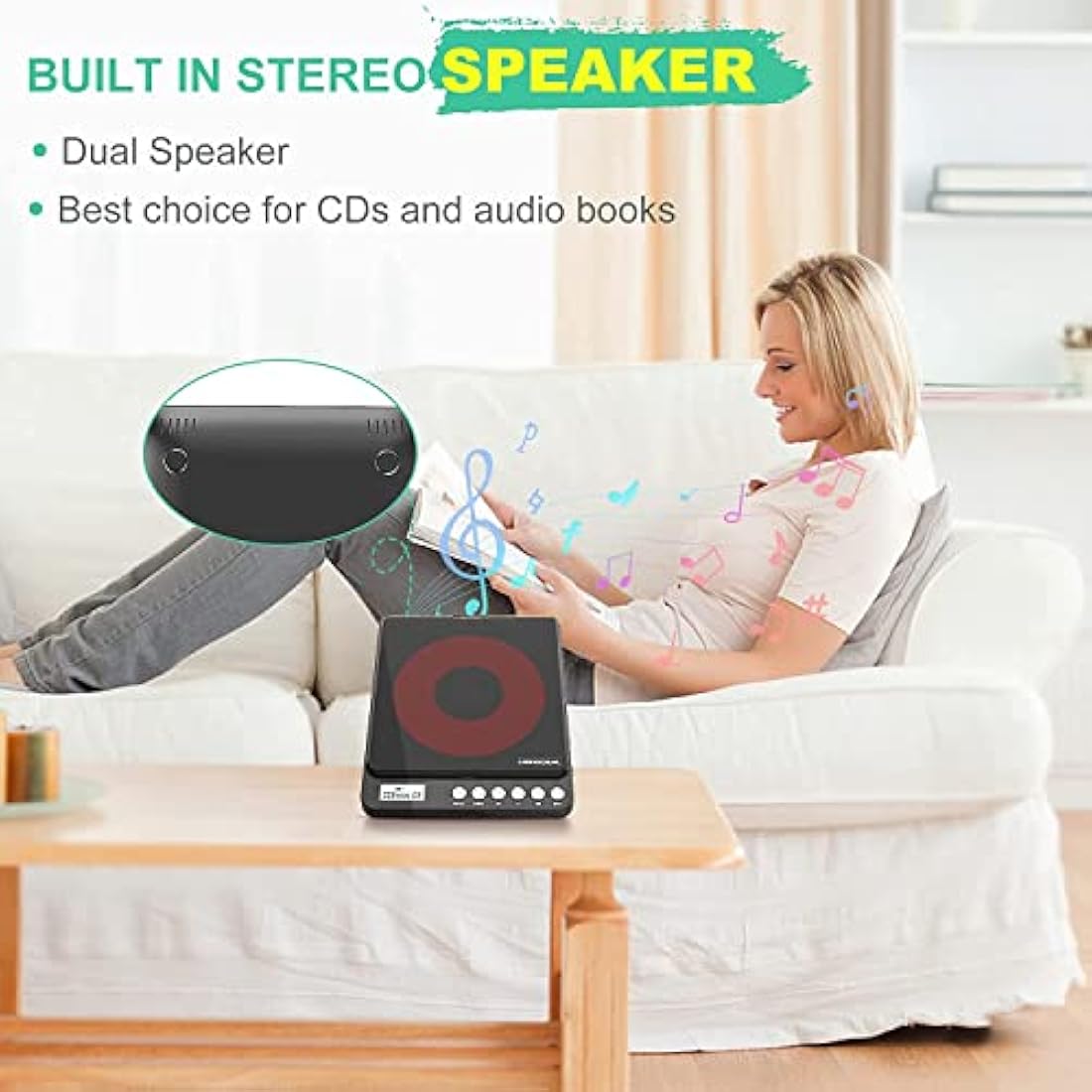 MONODEAL CD Player Portable with Built-in Speakers, Personal Rechargeable CD Player with Double 3.5mm Headphone Jack,Anti-Skip/Shockproof Function with LCD Display for Home, Car and Travel