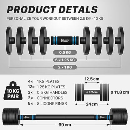 Northdeer Dumbbell Barbell Set 10kg Pair - 2.5kg 3kg 5kg 5.5kg 7.5kg 8kg 10kg - Adjustable Dumbbells V2.0 with Barbell Home Gym Workout