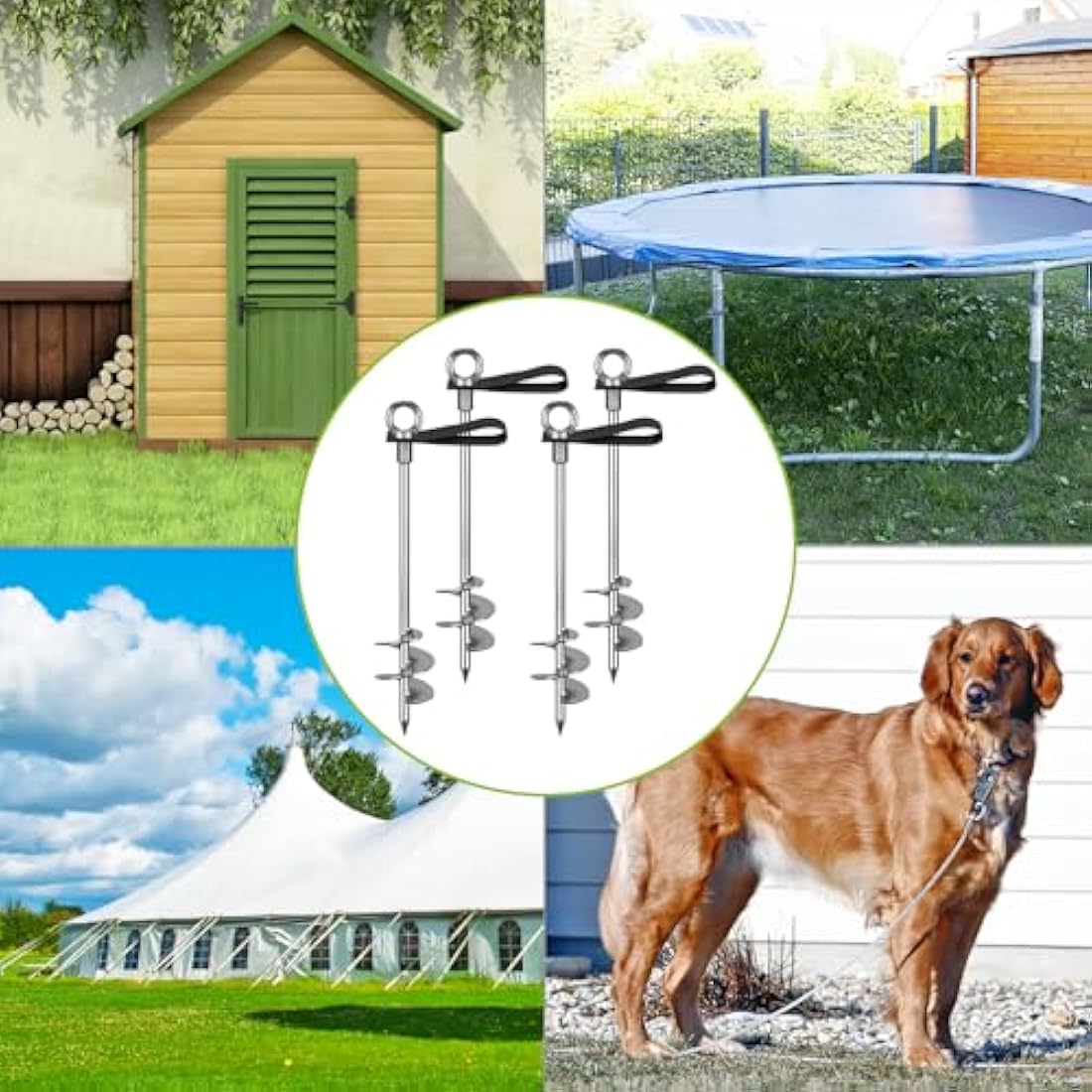Insaga Tent Peg, 45cm Heavy Duty Ground Anchor Large Metal Earth Stake Spiral Blade Screw in Trampolines Spike for Swing Set/Camping/Shed/Dog/Carport with Fixed Loop Strap, 6 Pack