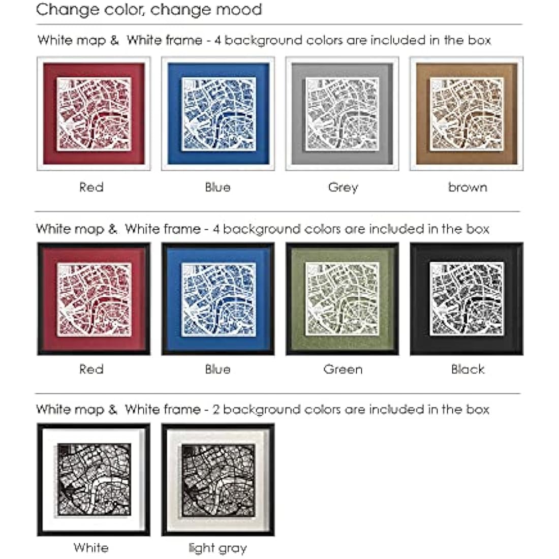 O3 DESIGN STUDIO Toronto Paper Cut Map framed, White map, White frame, 9x9 inches, Gift Boxed, 4 background color, self-changing, Paper Art