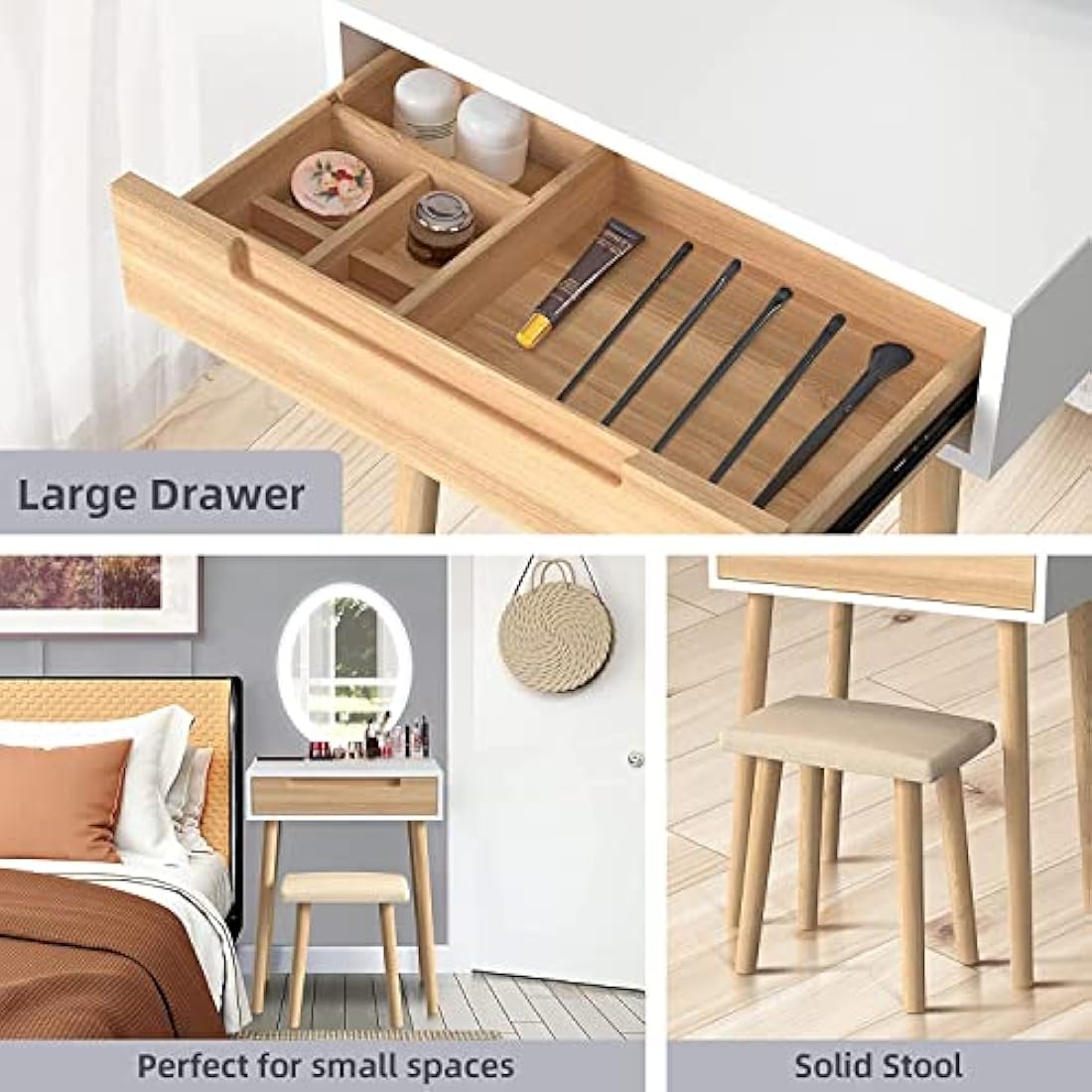 YOURLITE Makeup Vanity Dressing Table Mirror Cosmetic Vanity Dressing Cabinet with Stool Dresser with LED Mirror, Wood Color, 1 Drawer