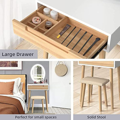 YOURLITE Makeup Vanity Dressing Table Mirror Cosmetic Vanity Dressing Cabinet with Stool Dresser with LED Mirror, Wood Color, 1 Drawer
