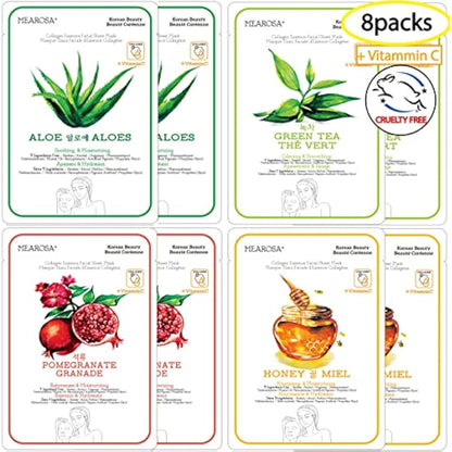 MEAROSA Vitamin C Collagen Firming Facial Sheet Mask Korean Skin Care Hydrating & Nourishing Premium Quality Natural ingredients Essence Sensitive skin(8 Variety pack 25ml)