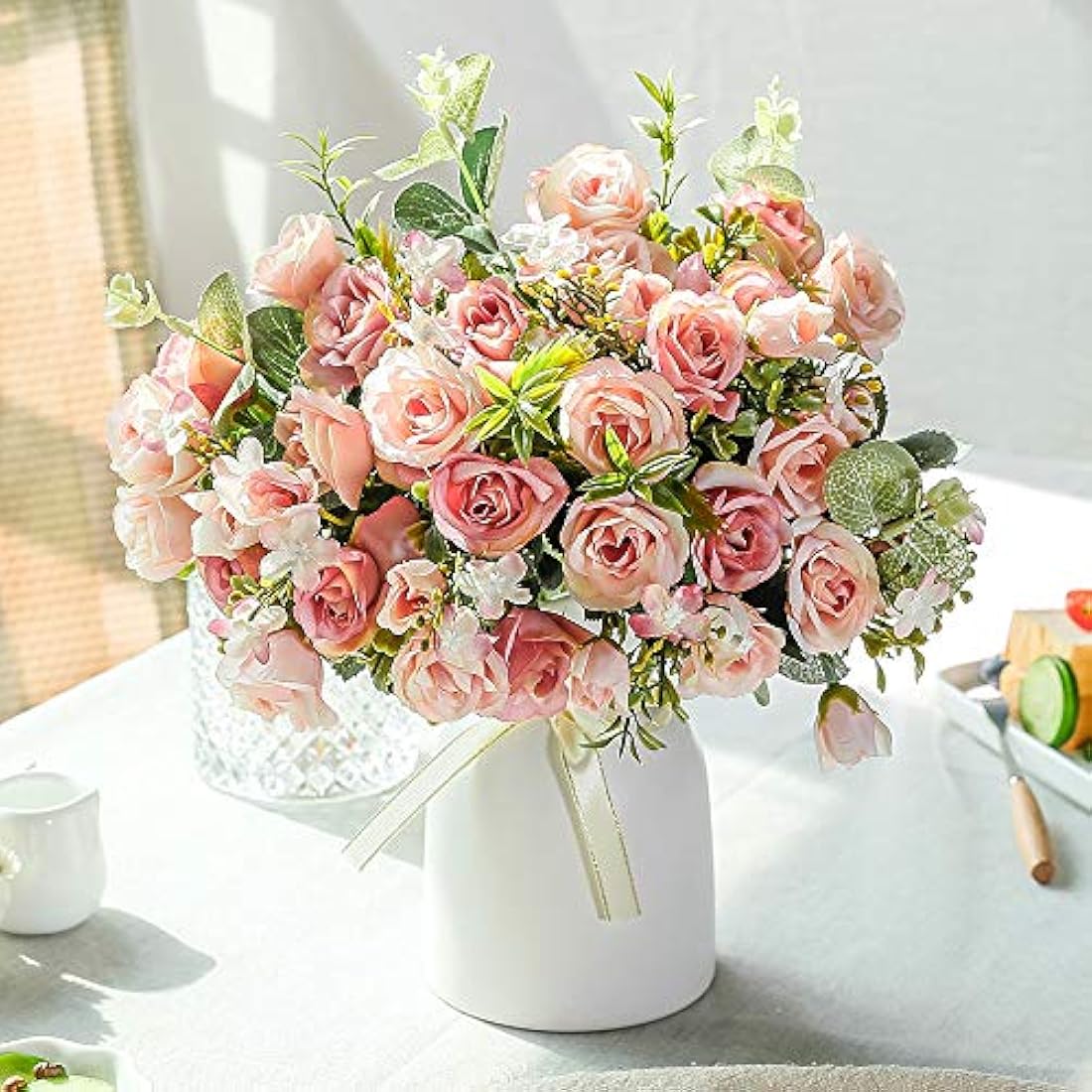LESING Artificial Silk Rose with Vase Fake Flowers Wedding Flowers Bouquets Arrangement Home Office Party Centerpiece Table Decoration (Pink)