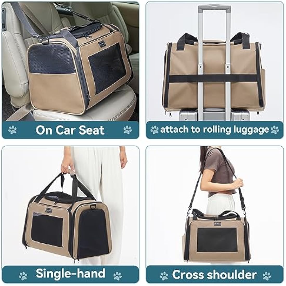 PETSFIT Dog Travel Carrier for Small Dogs with Extendable Fleece Pet Mat, Puppy Dog Carrier with Safety Leash for Pets Up to 25 Lbs (50 * 33 * 33CM, Khaki)
