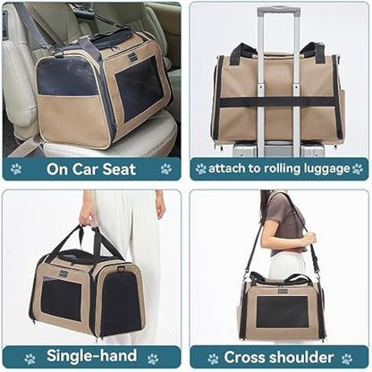 PETSFIT Dog Travel Carrier for Small Dogs with Extendable Fleece Pet Mat, Puppy Dog Carrier with Safety Leash for Pets Up to 25 Lbs (50 * 33 * 33CM, Khaki)