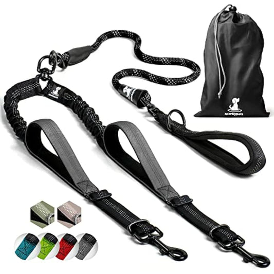 SparklyPets Double Dog Leash for 2 Dogs – Rope Bungee Dual Leash for Medium and Large Breeds with Padded Handles & Tangle Free (Black, Medium/Large)