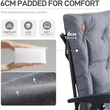 EVER ADVANCED Luxury Camping Chairs for Adults Heavy Duty Loadable 150kg High Back Oversized Folding Garden Chair Padded 6cm Comfy with Cup Holder Side Pocket Dining Chairs 4-Position Recliner