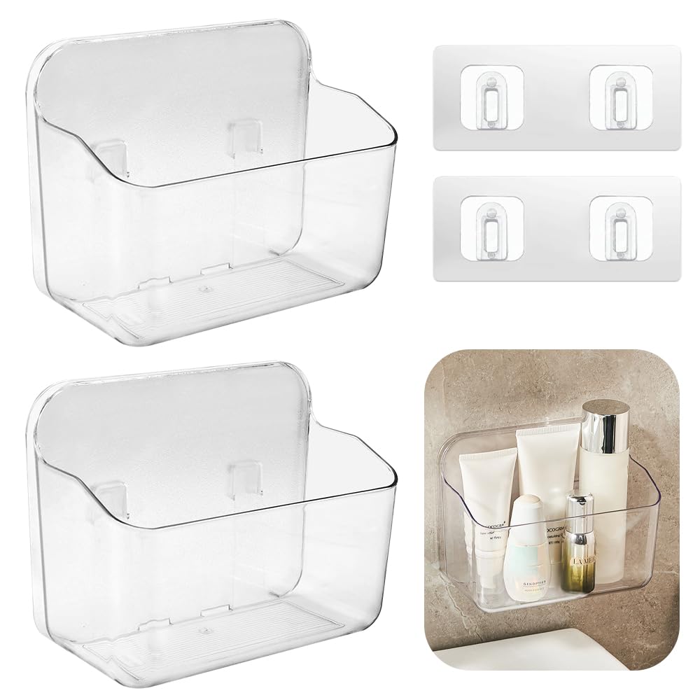 KITERI Bathroom Shelves, 2 Pcs Small Shower Baskets Self-adhesive Bathroom Storage Caddy Plastic Shelf Wall Mounted Storage No Drilling for Bath
