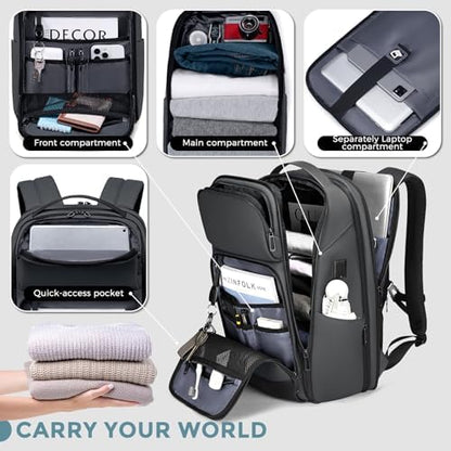 FENRUIEN Expandable Laptop Backpack Business Backpack Men's Laptop Bag 17 Inch for Men and Women Teenagers with Laptop Compartment USB Charging Port Backpack