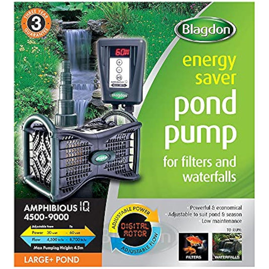 Blagdon Amphibious IQ Energy Saving Pond Pump, for Fountain & Waterfall, Run Dry Protection, Adjustable Power & Flow, 4500-9000 Large Pond, Black