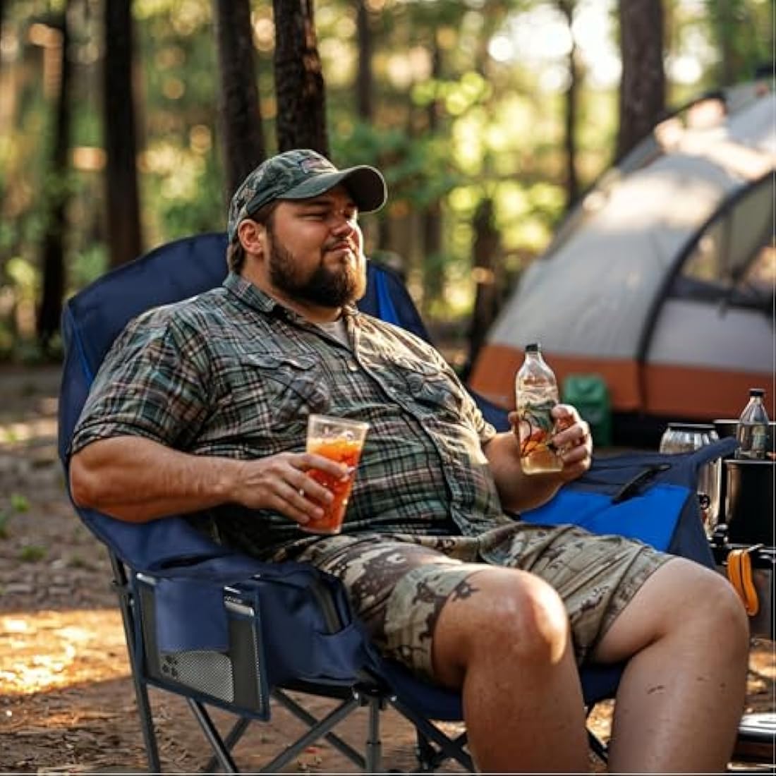 OVERMONT Oversized XL Camping Folding Chair for Adults - 450lbs Support Heavy-Duty Padded Folding Chair with Side Pocket Cup Holder for Outdoor Sports Garden Beach Fishing Lawn Blue