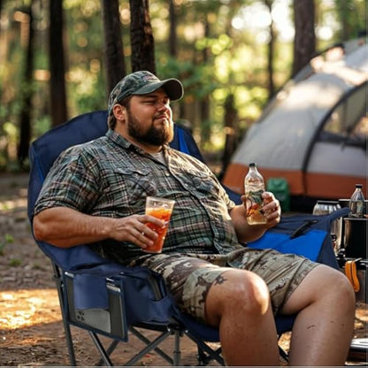OVERMONT Oversized XL Camping Folding Chair for Adults - 450lbs Support Heavy-Duty Padded Folding Chair with Side Pocket Cup Holder for Outdoor Sports Garden Beach Fishing Lawn Blue