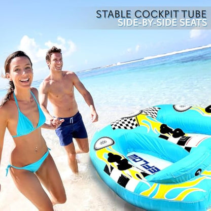 SereneLife Water Sports Inflatable Towing Hose Booster Tube, Water Towing Raft, Inflatable Towboats/Hoses/Towable with Double Seats, PVC Bubble, Foam Padding, Nylon Handles, blue