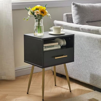 IBUYKE Nightstand, Mid-Century Modern Bedside Table with Legs, Minimalist and Practical End Side Table with 2 Tiers Storage Space, for Bedroom, Living Room, Black WNS004B