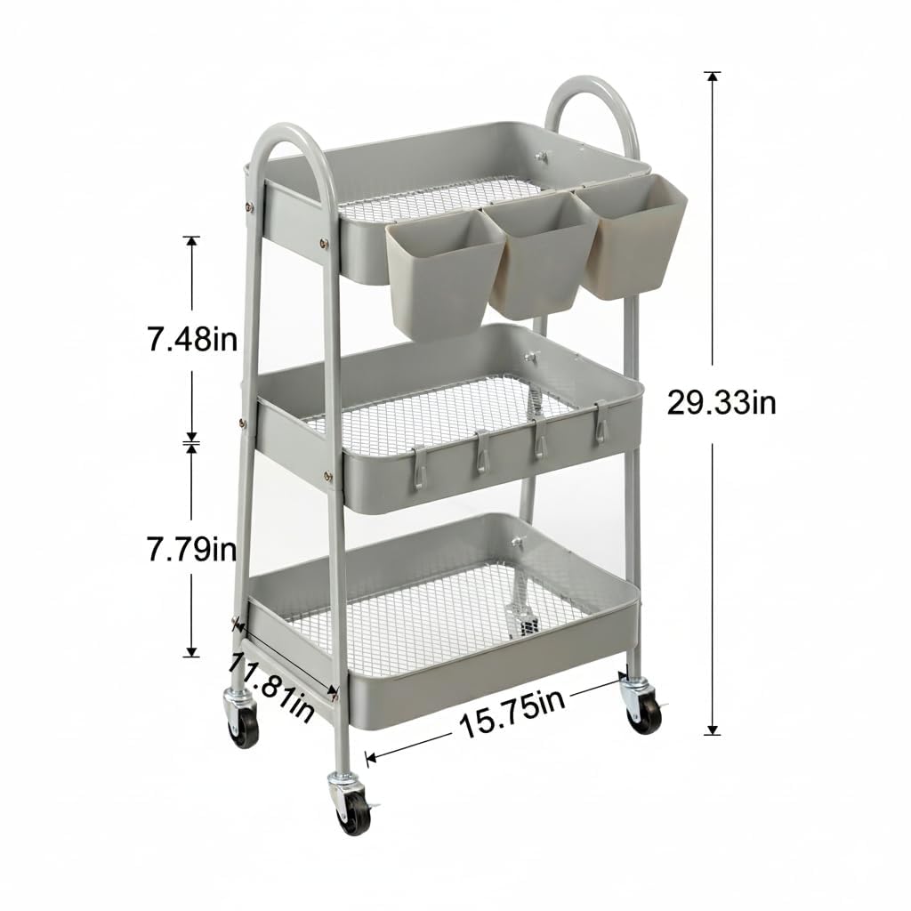 danpinera 3-Tier storage trolley, Metal storage cart with Lockable Wheels & Hanging Cups & Hooks, storage trolley on wheels for bathroom, kitchen