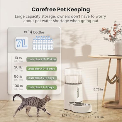 JUNSPOW 7L Stainless Steel Pet Water Dispensers, Large Capacity Gravity Pet Waterer, No Electricity & Ultra-Silent Automatic Water Dispenser for Large Dogs/Multi-cat Household,White