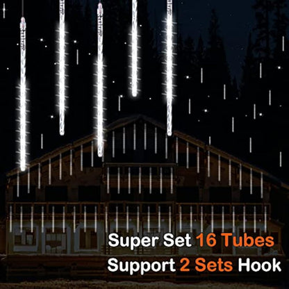 Vikdio Christmas Lights Outdoor, Meteor Shower Lights 16 Spiral Tubes 30cm 480 LEDs 5.25m Lit Length, Waterproof Snowfall Icicle Lights for Outdoor Xmas Decoration Party Tree Window (White)