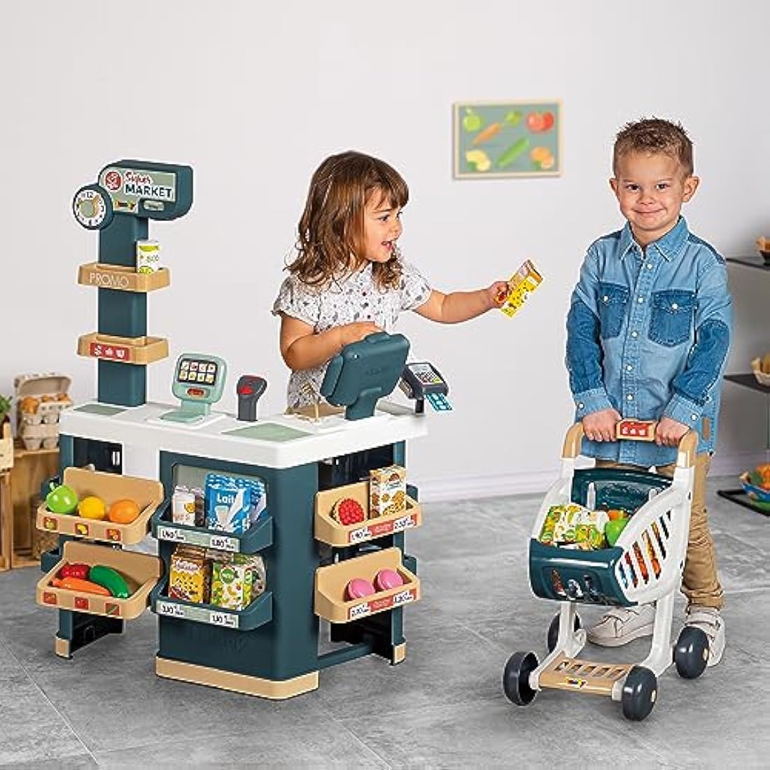 Smoby - Supermarket, Children's Shopping Trolley Included, Mechanical Scale, Electronic Functions and 42 Accessories for a full shopping experience, Suitable for kids aged 3 years and over