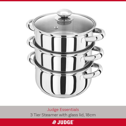 Judge Essentials Stainless Steel 3 Tier Steamer 18cm, Vented Glass Lid, Integral Casserole Pot, Oven Safe, Induction Ready, 25 Year Guarantee