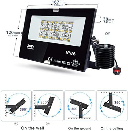LED Flood Lights RGB Colour Changing 300W Equivalent Outdoor,30W Bluetooth RGBW Smart Floodlight APP Control, IP66 Waterproof, Timing, 2700K & 16 Million Colours for Garden Stage,2 Pack,DUSKTEC
