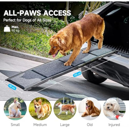 CO-Z Dog Ramp for Car, 170 cm Folding Pet Ramp for Large Dogs up to 90 kg with Non-Slip Rug Surface, Portable Dog Pet Stairs for Car SUV Truck Bed Sofa, Indoor and Outdoor Use