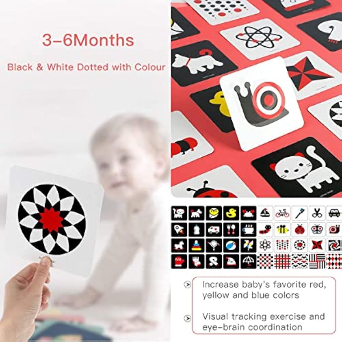 beiens Newborn Essentials Sensory Toys Cards, 160 Page Black White Visual Stimulation Learning Activity Cards for Babies Ages 0-3-6-12-36 Months, 5.5'' x 5.5'' Baby Essentials for Newborn Toys Gifts