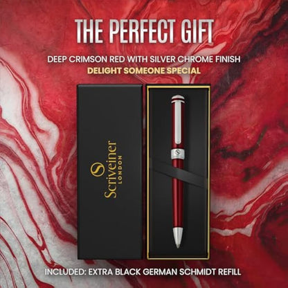Scriveiner Deep Crimson Ballpoint - Stunning Red Lacquer Luxury Pen, Chrome Finish, Schmidt Black Refill, Best Ball Pen Gift Set for Men & Women, Professional Executive Office