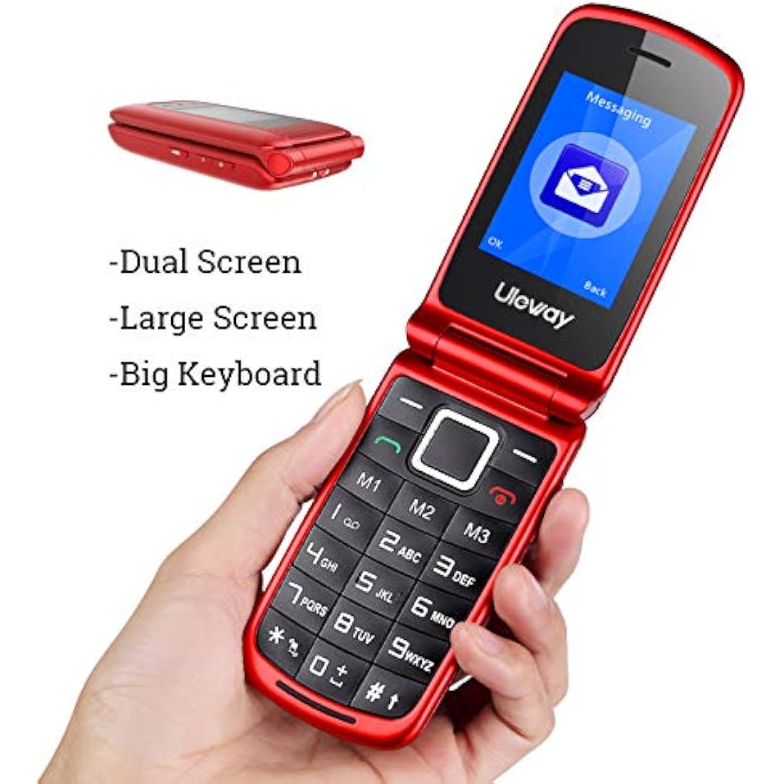 uleway Big Button Mobile Phone for Elderly Sim Free Unlocked Flip Senior Mobile Phone with SOS Button Torch Camera Bluetooth Loud Speaker Easy to Use for Senior (2G-Red)