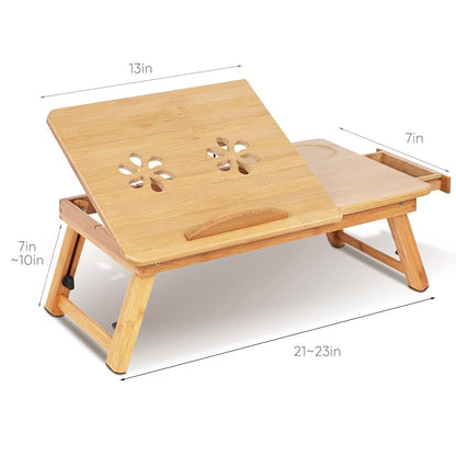 Laptop Desk, Adjustable Tilting Bed Table with Stable Legs Non Slip Stopper Drawer Cup Holder Ventilated for Bed Sofa Natural 53 to 58 cm
