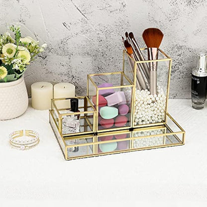 Tolida Gold Glass Combined Cosmetic Box with Stackable Makup Brush Holer and Jewelry Tray, Cosmetic Brush Eyeliner Display, Pen Pencil Holder with Mirrored Vanity Tray for Dresser Bathroom Bedroom