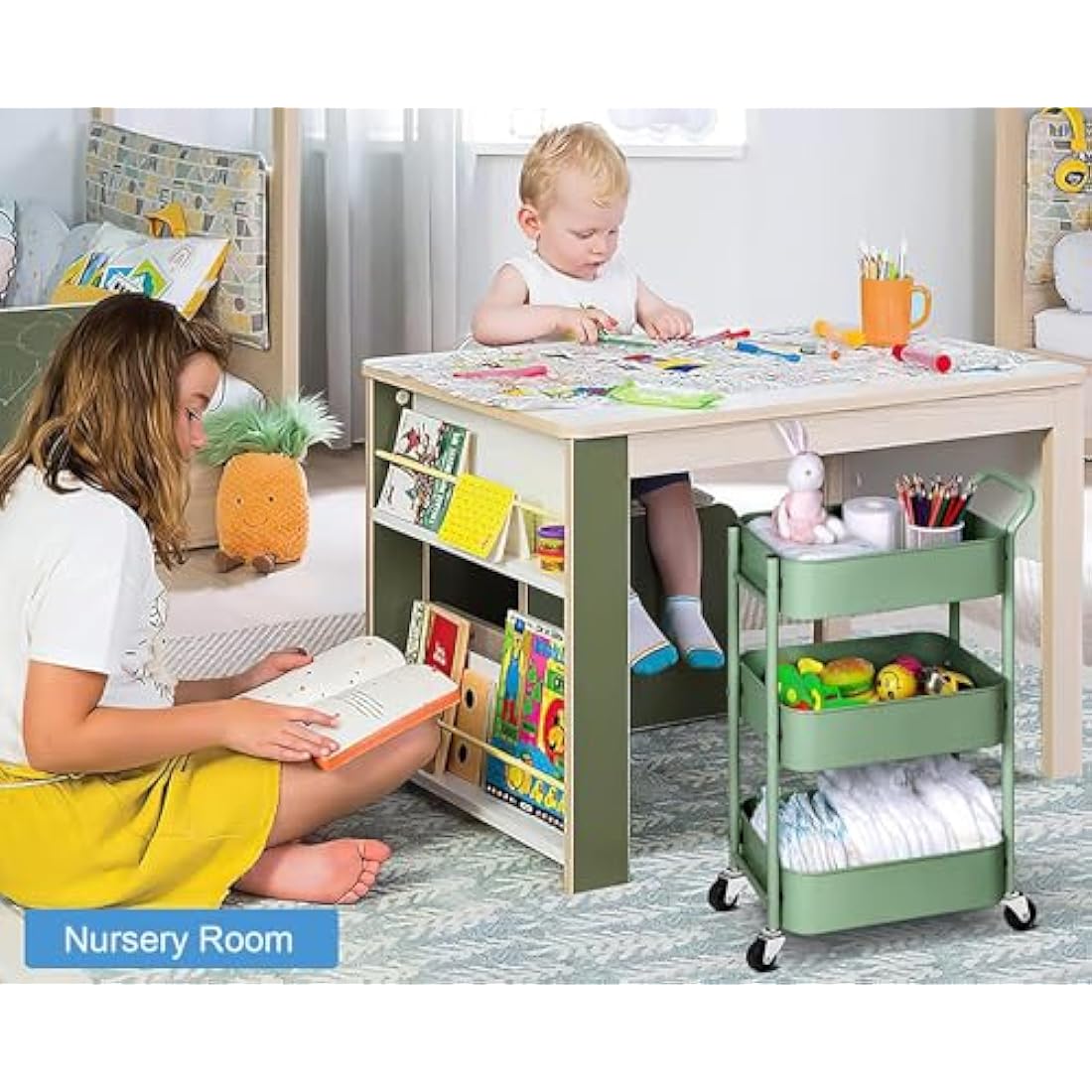 MISSLO Storage Trolley 3 Tier Rolling Cart with Wheels and Handle, Under Desk 27" Height Small Metal Utility Cart Organizer Rack Shelf, Mobile Book Cart for Office, Kitchen, Bathroom (Green)