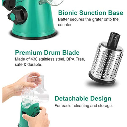Rotary Cheese Grater, Vegetable Slicer with Three Drum Blades, Grater for Kitchen Faster and Easy Cutting, Rotary Drum Grater Ideal for Cheese, Cucumber, Carrot, Nuts, etc.