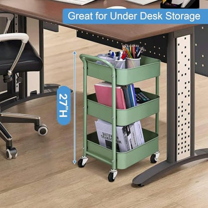 MISSLO Storage Trolley 3 Tier Rolling Cart with Wheels and Handle, Under Desk 27" Height Small Metal Utility Cart Organizer Rack Shelf, Mobile Book Cart for Office, Kitchen, Bathroom (Green)