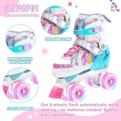 OLYSPM Kids Roller Skates for Girls Boys Pro 4-Size Adjustable, Roller boots With 8 Light Up Wheels, Beginner safe Children's Quad Skates - Ideal Christmas Birthday Gift