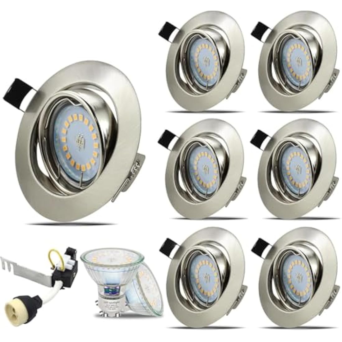 HiBay 6X Round GU10 Downlights Tilt LED Recessed Ceiling Lights Brushed Chrome Spotlights Fitting with 5W LED Bulbs Cool White 240V