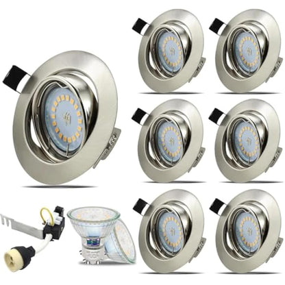 HiBay 6X Round GU10 Downlights Tilt LED Recessed Ceiling Lights Brushed Chrome Spotlights Fitting with 5W LED Bulbs Cool White 240V