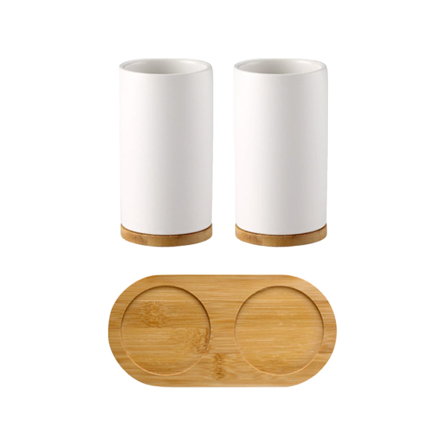 Toothbrush Holders for Bathroom,2 White Ceramic Toothbrush Toothpaste Holder Set with Wooden base,Reusable Toothbrush Cup with Bamboo Cup