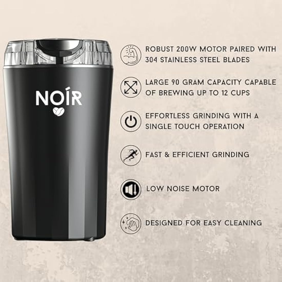 NOÍR Electric Coffee & Spice Grinder, 200W Motor, 90g Capacity, 304 Stainless Steel Blade, Safety Lock, Safe & Durable, Easy to Clean, Free Cleaning Brush Included