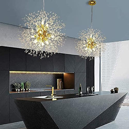 Modern Crystal Dandelion Pendant Lights Ceiling Gold Firework Chandeliers, G9 Lamp Alloy Fixtures With 8 Bulb and 32 Strings Crystal, for Living Room, Bedroom, Dining, Foyer, Bar(Warm light, Gold)