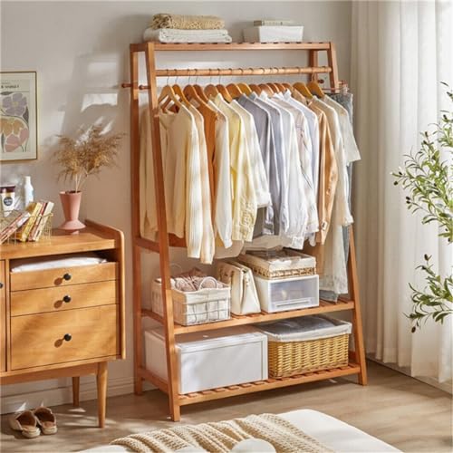 unho Bamboo Clothes Rail Rack: Free Standing Garment Rack with 3 Storage Shelves 10 Hooks Portable Open Wardrobe Clothing Storage Organizer for