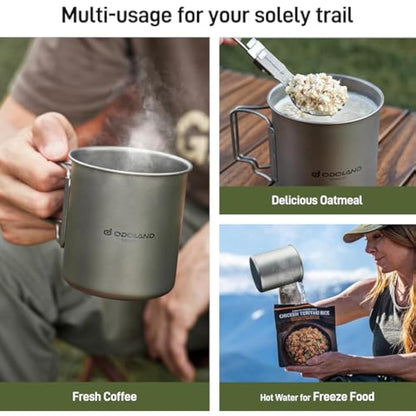 Odoland 750ML Titanium Mug, Camping Coffee Cup with Lid and Spork, Foldable Handle for Camping, Hiking, Traveling and Backpacking