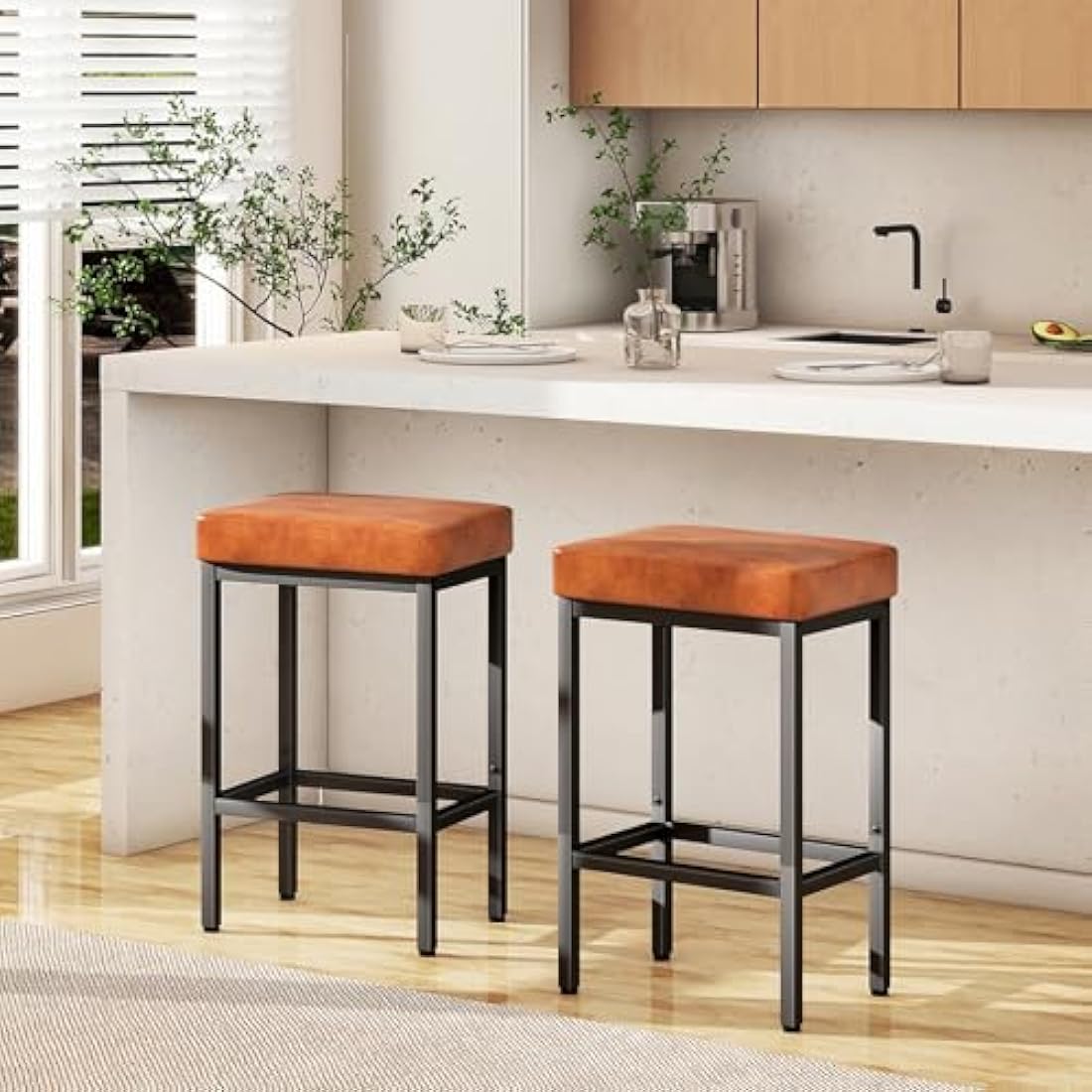 YMYNY Bar Stools, 66 cm Bar Stools Set of 2, Caramel Brown Breakfast Bar Stools, PU Leather Barstools, Bar Stool Chair with 6 cm Thick Cushion and Metal Base for Kitchen Island Counter, Pub, HBS513J