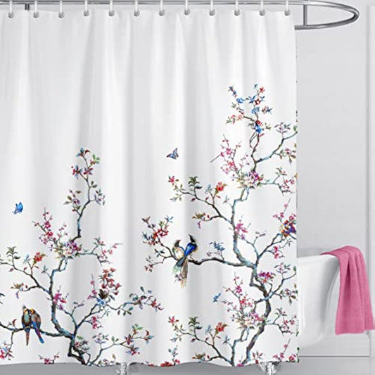 LIVETTY White Bird Floral Shower Curtain 180cm × 180cm Mould Proof Butterfly Fabric Bathroom curtain For Women & Men With 12 Hooks Washable Quick-Drying Curtains