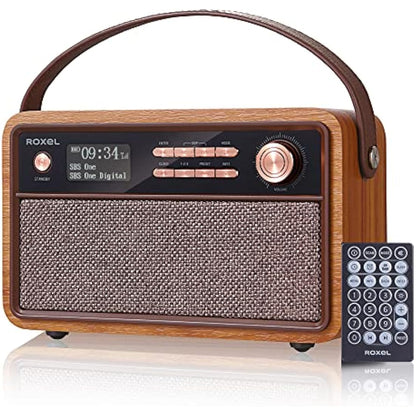 Roxel Retro D1 Vintage DAB+/FM Radio Wireless Speaker | Bedside Alarm Clock with Sleep Function. Rustic Exterior, Mains and USB Rechargeable, TF card, AUX and USB Compatible (Walnut)