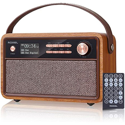 Roxel Retro D1 Vintage DAB+/FM Radio Wireless Speaker | Bedside Alarm Clock with Sleep Function. Rustic Exterior, Mains and USB Rechargeable, TF card, AUX and USB Compatible (Walnut)
