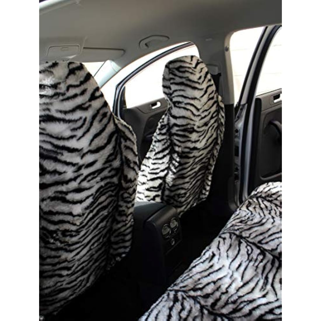 Carseatcover-UK Front Pair of Faux Fur Furry Grey TIGER PRINT Car Seat Covers - Universal Fit - Suitable for Cars, Vans, MPV's SUV's