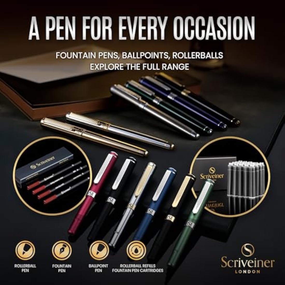 Scriveiner Gold Ballpoint Pen - Stunning Luxury Pen, Real Gold Plating, Schmidt Black Refill, Best Ball Pen Gift Set for Men & Women, Professional Executive Office, Nice Fancy Designer Pens